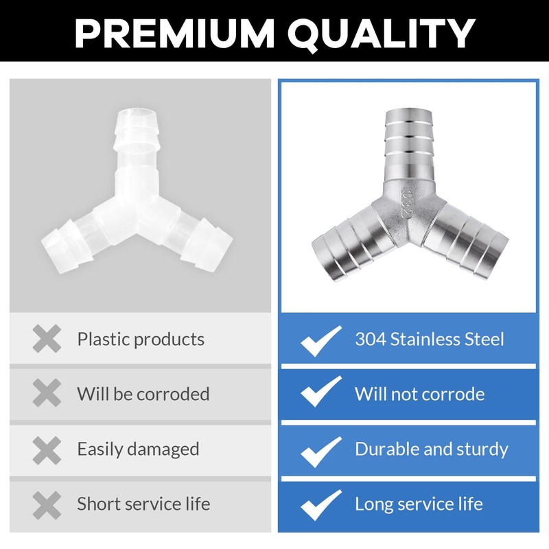304 Stainless Steel 1" Barb x 1" Barb 3 Way