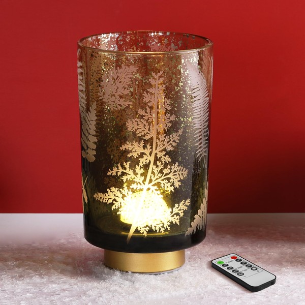 Eywamage Large Battery Operated Glass Table Lamp, Green Ferns Leaves