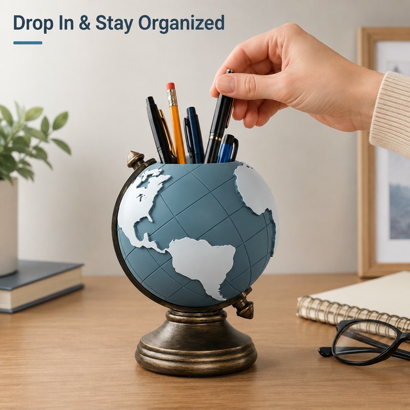 Globe Pen Holder for Desk Organization - Decorative Resin Stationery
