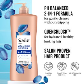 Suave 2-in-1 Moisture Shampoo & Conditioner with Vitamin B5 Infusion and pH Balanced Salon Formula, Anti-Frizz Cleansing for Dry Hair, 28 Oz (Pack of 4)