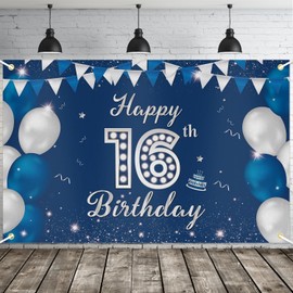 JOYKY Happy 16th Birthday Banner, Blue Silver Happy 16th Birthday Party Decorations for Boys, 16 Year Old Birthday Supplies Backdrop Décor, 5.9 X 3.8 Fts