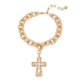 Gold Plated Cross Pendant Bracelet for Women - Adjustable Chain Link Religious Jewelry, Dainty Minimalist Catholic Gifts