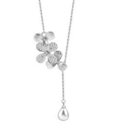 Orchid Flower Necklace with Teardrop Pearl Wedding Jewelry Bridesmaids Gifts (Silver)