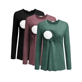 Ekouaer 3 Pack Women's Nursing Tops for Breastfeeding Fall Long Sleeve T Shirts Postpartum Double Layer Clothes Black/Light Green/Dark Red M