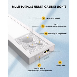20 Inch Under Cabinet Lighting, 3Pack 5CCT Dimmable Closet Lights, Motion Sensor LED Lights of Battery Operated, Rechargeable Under Counter Light for Kitchen, Stairs, Bedroom, Wardrobe