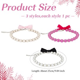 MAYJOYDIY 3Pcs 3 Colors Rhinestones & Pearl Dog Cat Collar 9.84 inch Pet Necklace with Bling Accessories and Ribbon Bow for Puppy Kitten Wedding Birthday Party Clothes Costume(Red White Pink)