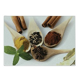 Ambesonne Spice Cutting Board, Artistically Arranged in Spoons with Cinnamon Sticks and Leaves Healthy Lifestyle, Decorative Tempered Glass Cutting and Serving Board, Small Size, Multicolor