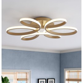 Aiwen Modern Ceiling Light, LED Linear Semi Flush Mount Ceiling Lighting, Contemporary Dimmable Light Fixture with Curved Rings, 45W Gold, for Dining Room Kitchen Living Room Bedroom Foyer Hallway