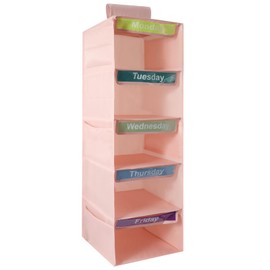 Motthjcw 5-Shelf Weekly Clothes Organizer for Kids, Collapsible Hanging Closet Shelves, Baby Closet Organizers and Storage with 6 Side Pockets, Daily Clothing Divider for Boys and Girls (Pink)