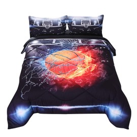 Wowelife Basketball Bedding 3D Basketball Comforter Set Twin Fire Black Pattern 5 Pieces with Comforter, Flat Sheet, Fitted Sheet and 2 Pillow Cases for Boys(Red Basketball, Twin)