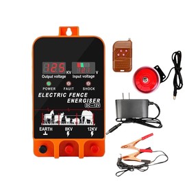 Electric Fence Energizer, 5.5 Joules 200 Acres Electric Fence Charger, AC & DC Power Supply, Output 8KV 12KV for Cattle Cow Horse Goat Pig Livestock, with Alarm and Remote