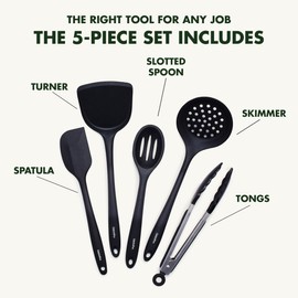 GreenPan 5 Piece Cooking Utensil Set, Flexible Nonstick Silicone, Stain-Free, Tongs, Turner, Spatula, Skimmer, and Slotted Spoon, Black