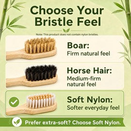 TIKITAKA FTG Natural Bristle Bamboo Toothbrush Sampler, 2 Pack - 1 Boar + 1 Horsehair Brush, Plastic & Nylon Free Bristles