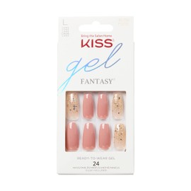 KISS Gel Fantasy Glue-On Nails Pink & Gold Long Length Coffin Shape