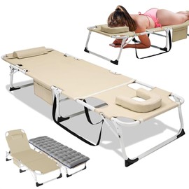 DoCred 3 in 1 Sun Tanning Chair Oversized with Face Arm Hole, Heavy Duty Folding Chaise Lounge Chairs, 5-Position Outdoor Lounge Chair for Beach, Pool, Lawn, Yard, Patio