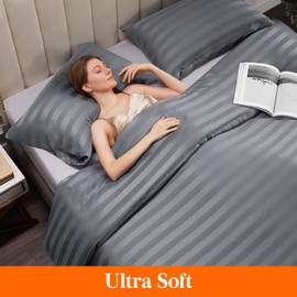 Lifewit Single Duvet Cover Set, Satin Stripe Reversible Soft Quilt Cover Bedding Set with 1 Pillowcase, 135 x 200 cm, Grey