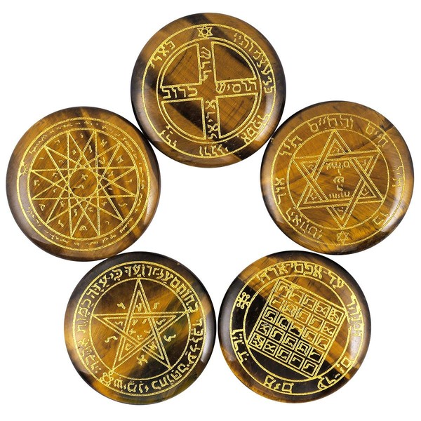 Rockcloud Healing Crystal Tiger's Eye Stone Solomon Symbol Witches Rune Set Chakra Stones Palm Stone Reiki Balancing, 5 Pcs