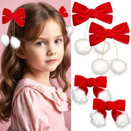 SAWINDA 4 Pack Red Velvet Christmas Hair Bows Hairy Furry Balls Bows for Girls Hair Coquette Bow Hair Clips Tassels Hairball Ribbon Hair Bow Clips Alligator Clips for Girls Toddlers