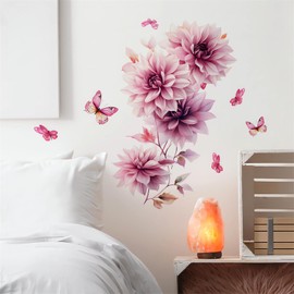 sacinora Pink Dahlia Flower Butterfly Wall Stickers, Daisy Peony Floral Art Wall Decals Removable Vinyl Peel and Stick Bathroom Living Room Bedroom Furniture Door Home Decorations