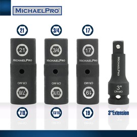 MichaelPro MP005022 1/2-inch Drive Impact Flip Lug Nut Socket Set, Includes 17mm, 19mm, 21mm Metric Sizes & 3/4-Inch,13/16-Inch, 7/8-Inch SAE Sizes, Chrome Moly Steel for Lifetime Use