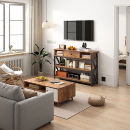 Mexin Console Table with Drawer Shelves, Entryway Table with 3 Tier Storage Shelves, Industrial Wood Hallway Sofa Table for Living Room, Couch, Foyer, Kitchen Counter, 47 Inch Rustic Brown