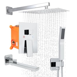 Shower Faucet Set, Rain Shower System Tub Shower Faucet, Wall Mounted Shower Fixtures,Solid Brass Pressure Balancing Shower Mixer Valve 10 Inch Polished Chrome (With Shower Valve)