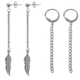 AREUM Earrings, Ring, Feather Chain Set, 4 Pieces, For Both Ears, Simple, Korean Accessory, Swaying, Men's, Women's, Popular Design