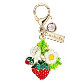 MONNEL MC512 Little Red Strawberry with Flowers Leaves Lobster Clasp Charm for Women with Velvet Bag (White,1 Piece)