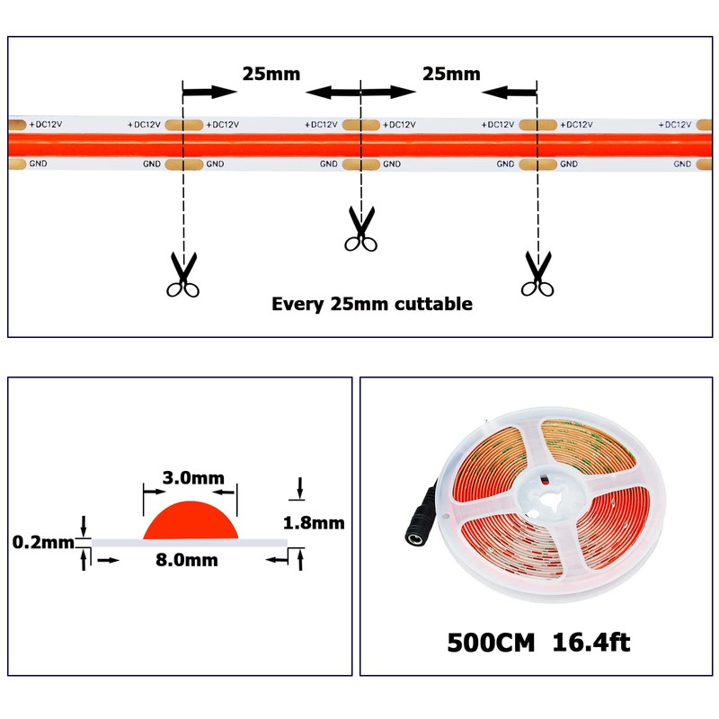 YUNBO 12V COB LED Strip Light Red 16.4ft Bright Dotless