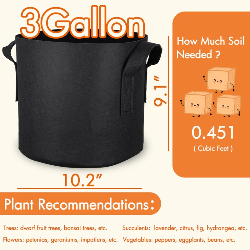 Gardzen 10-Pack 3 Gallons Grow Bags, Aeration Fabric Pots with