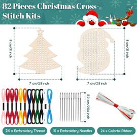 Blulu 24 Pieces Christmas Wooden Cross Stitch Kits Cross Stitch Christmas Tree Ornaments Hanging Decorations Arts and Crafts Beginners DIY Project