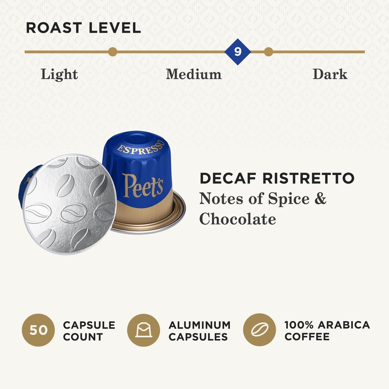 Peet's Coffee, Medium Roast Decaf Espresso Capsules, Compatible with Nespresso