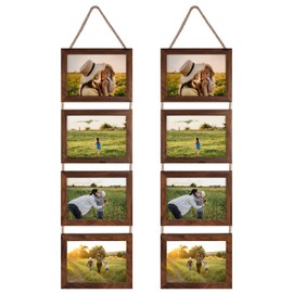 Lavezee 5x7 Hanging Collage Picture Frames Set of 2, Walnut Brown 8 Opening Horizontal Frame Made to Display 5 by 7 Inch Photo for Wall Decor