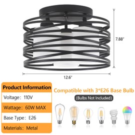MIAYBPH Black Flush Mount Ceiling Light Fixture, 3-Light Drum Semi Flush Mount Light Farmhouse Modern Ceiling Lights Kitchen Lighting Fixtures for Foyer Entryway Hallway Laundry Room Bedroom Bathroom