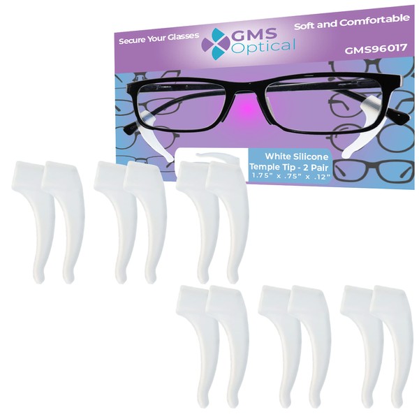 GMS Optical Silicone Anti-Slip Temple Tips, Comfortable Ear Hooks for Glasses and Sunglasses Activities (Transparent White)(6 Pair)