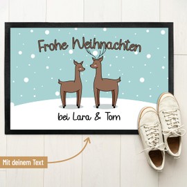 Doormat "Frohe Weihnachten" with Reindeer Couple - for Indoor and Outdoor Use - Non-Slip, Extra Thin & Absorbent - Door Mat - Entrance Area Decoration - Gift for Advent or Christmas 50 x 75 cm