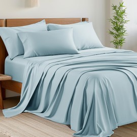 Shilucheng 6 Piece Queen Sheet Sets, Cooling Sheets, Blend Rayon Derived from Bamboo, Deep Pocket Up to 16", Breathable & Soft Bed Sheets, Hotel Silky Bedding Set, Spa Blue