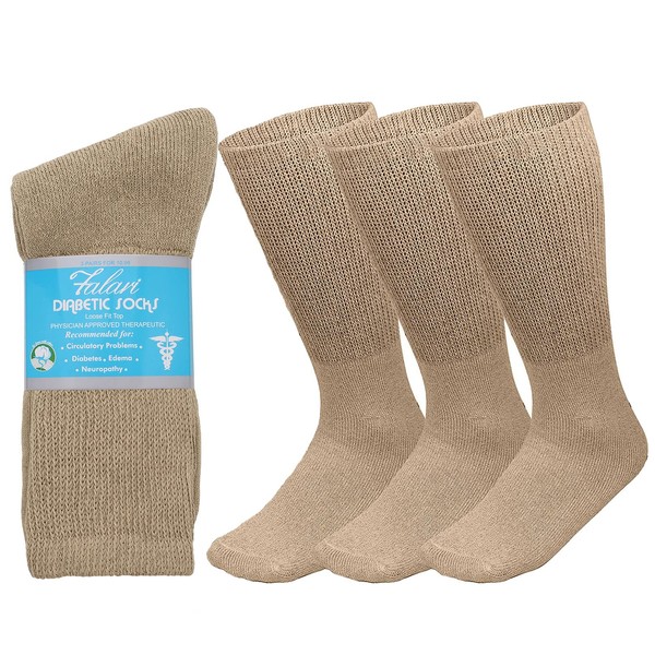 Falari 3-Pack Physicians Approved Diabetic Socks Cotton Non-Binding Loose Fit Top Help Blood Circulation 10-13 Crew Length - Khaki