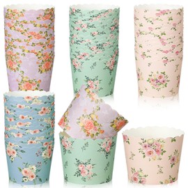 Uiifan 60 Pcs Floral Paper Baking Cups Disposable Greaseproof Baking Cups Bulk Muffin Cupcake Flower Cupcake Wrappers for Birthday Wedding Decorations Baby Shower Tea Party, 4 Styles