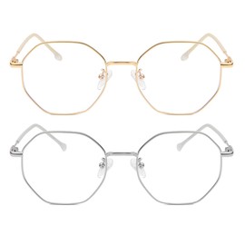 WHHJM Polygon Blue Light Blocking Glasses for Women Men Retro Octagon Square Non-prescription Metal Frame Eyeglasses (Gold+Silver)