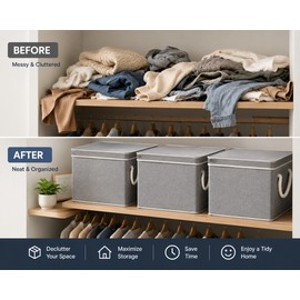 3-Pack Foldable Storage Bins with Lids, Foldable Baskets with Handles, Stackable Storage Containers for Closet Shelves, 3-Pack, Large