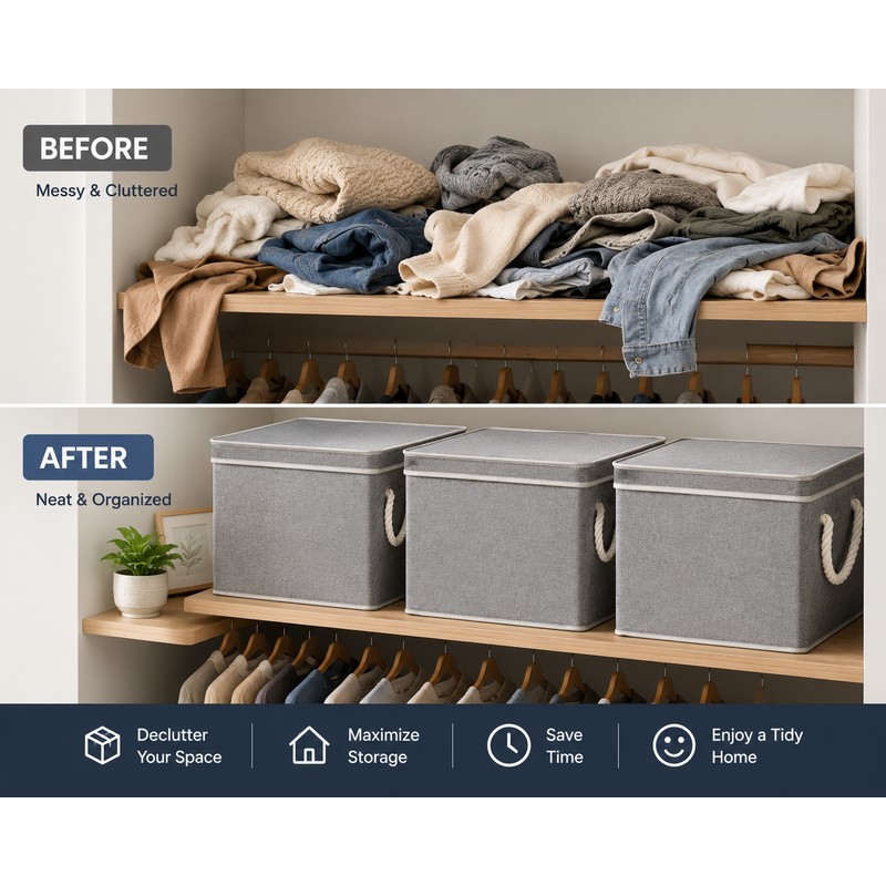 3-Pack Foldable Storage Bins with Lids, Foldable Baskets with Handles,