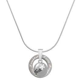 Delight Jewelry Silvertone Faith Disc with Cutout Flower - Silvertone Happy Hanukkah Message Ring Necklace, 18"