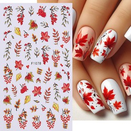 LOPMNGHT 8 Sheets Thanksgiving Nail Stickers 3D Self-Adhesive Maple Leaves Decal Cute Squirrel Pumpkin Design Fall Winter Decoration Mushroom Sunflower Art Supplies for Women