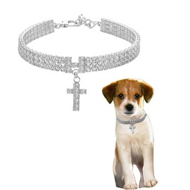 Catholic Pet Necklace Letter Cross Zircon Three Drain Diamonds Cat and Dog Girl Jewelry Catholic Necklace for Pets Rose Gold Dog Chain Collar (Silver, M)
