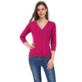 Leadingstar Women V-Neck 3/4 Sleeve Solid Color Sweater Cardigan (Hot Pink, XL)