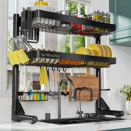 ZDRongZhen Over The Sink Dish Drying Rack,3 tier Full 304 Stainless Steel dish Drainer rack,Adjustable Length (22.8''~35.04'') Kitchen Storage Counter With Cup Hanging Set and Hooks (Black-3Tier)