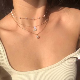 Inateannal Vintage Layered Pearl Choker Necklace Gold Butterfly Pendant Necklace Chain CZ Pearl Necklace Multilayer Pearl Necklace Jewellery for Women and Girls