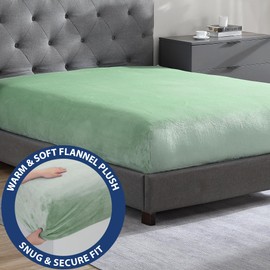 Cathay Home Full Flannel-Plush Fur Fitted Sheet - Ultra Soft & Thick Plush Fur - All Season Cozy Warmth - 12" Deep Pocket Fitted Sheet Only (Full, Sage)