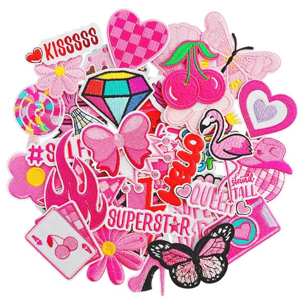 RF-patch 45Pcs Iron on Patches for Girl, Embroidered Pink Iron